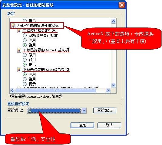 請將相關Active X選項開啟。（IE／工具／網際網路選項／安全性／信任的網站／自訂等級／Active X控制項與插件，將相關『Active X選項』設定都點選為『啟用』)。